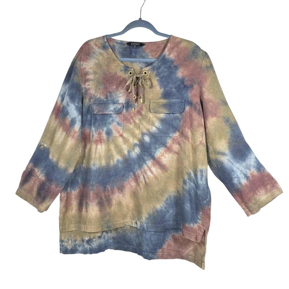 Company Ellen Tracy Linen Tie Dye Lace Up Tunic Top XXL Blue Tan Hippie Festival